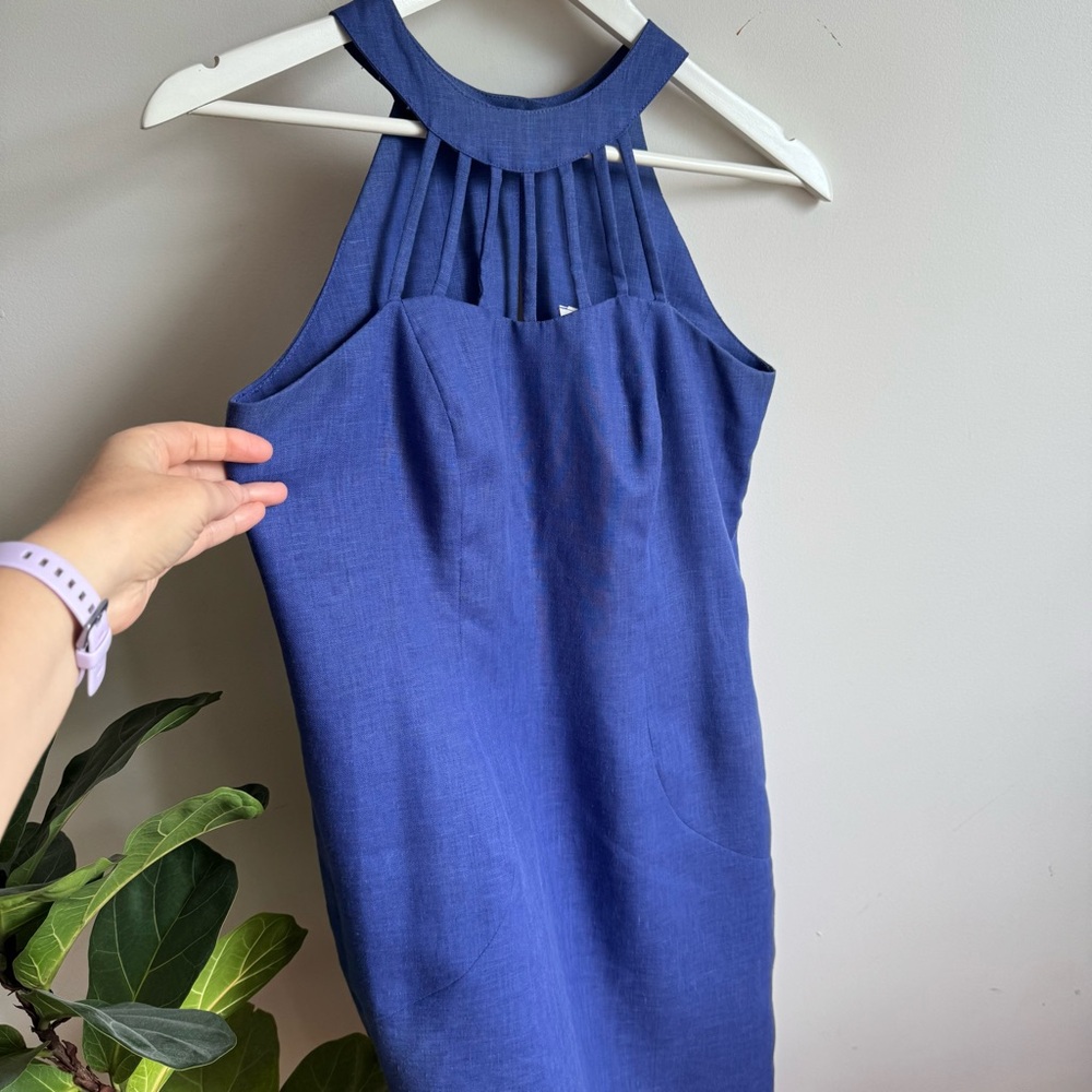 Vintage Edie Johne Blue Halter Dress Linen Size 6 Elegant Minimalist Sheath